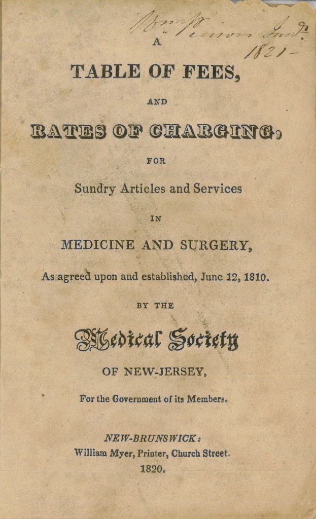 Cover from Pamphlet Medical Society of New Jersey Table of Fees 1820